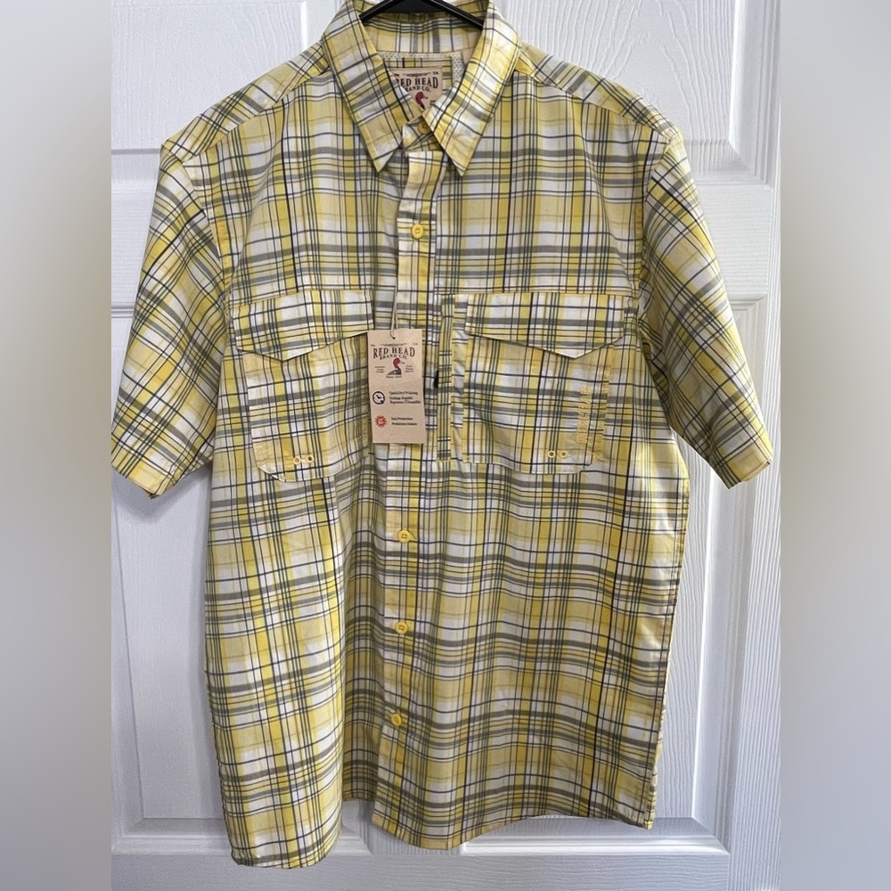 Red Head Men Fishing Button Down Short Sleeve Shirt Yellow&Blue Plaid Quick Dry